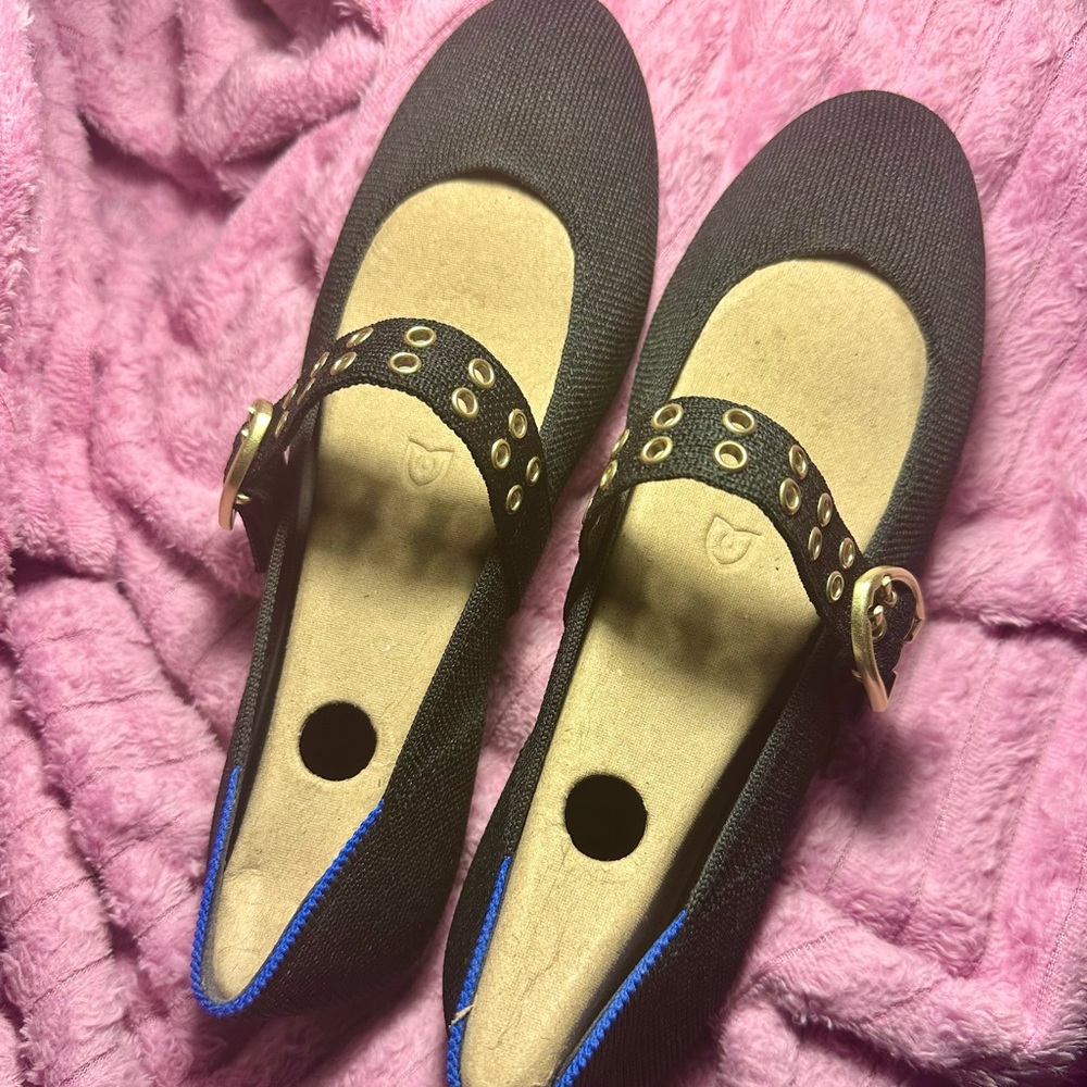 Rothy's Black and Blue Flats with Gold Buckle